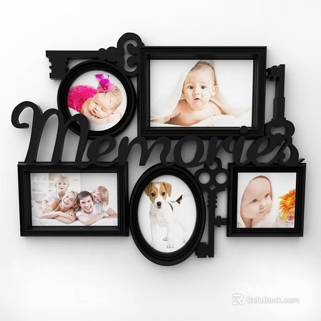 Black Photo Wall With Memories Lettering Multiple Frames Baby Dog Children Photos Key Scissors Decorations 3d model 