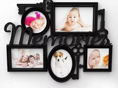 Black Photo Wall With Memories Lettering Multiple Frames Baby Dog Children Photos Key Scissors Decorations 3d model