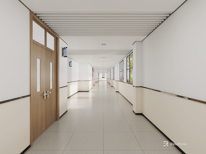 Clean Bright Elevator Corridor With Wooden Door And Tile Flooring 3d model 