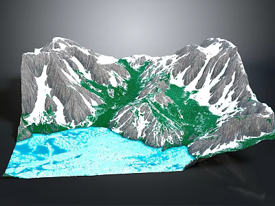 Snowy Mountain Landscape With Blue Lake And Lush Green Vegetation 3d model