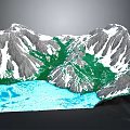 Snowy Mountain Landscape With Blue Lake And Lush Green Vegetation