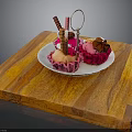 Delicious Cupcakes With Chocolate Decorations Pink Liners On White Plate And Wooden Cutting Board