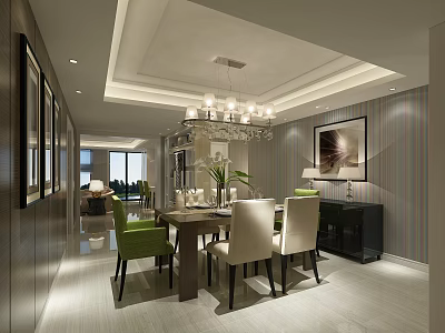 Modern Dining and Living Room Interior With Dining Table Green White Chairs Chandelier And Artwork 3d model