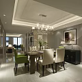 Modern Dining and Living Room Interior With Dining Table Green White Chairs Chandelier And Artwork