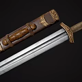 Antique Decorative Sword With Brown Leather Scabbard Gold Carvings And Silver Blade