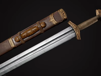 Antique Decorative Sword With Brown Leather Scabbard Gold Carvings And Silver Blade 3d model