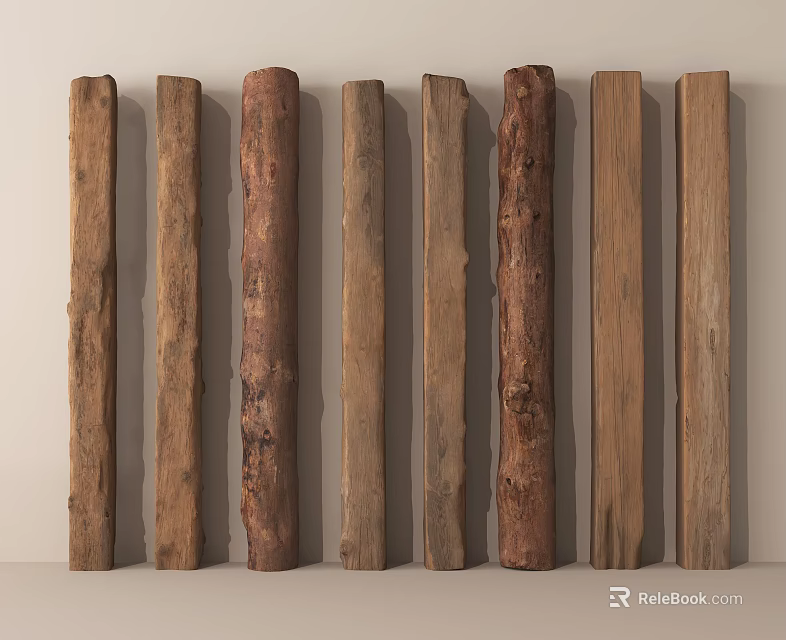 Rustic Wooden Log Components Arranged In A Row With Natural Textures And Various Sizes 3d model