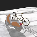 Golden Frame Bicycle With Orange Scooter On White Marble Floor