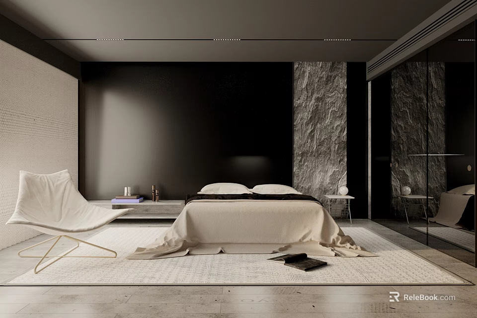 Modern Bedroom Interior With Dark Walls Stone Accent Wall Beige Bedding And White Lounge Chair 3d model 