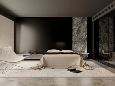 Modern Bedroom Interior With Dark Walls Stone Accent Wall Beige Bedding And White Lounge Chair 3d model