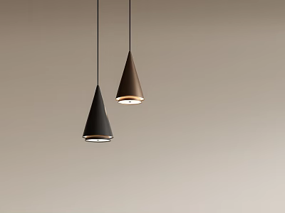 Two Modern Conical Black and Brown Pendant Lights Hanging Against Light Wall 3d model