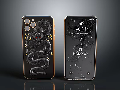 Smartphones With Dragon Pattern Back And HADORO Logo Starry Screen Design 3d model