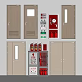 Fire Safety Equipment Collection With Extinguishers Hose Cabinets Exit Signs And Emergency Lights