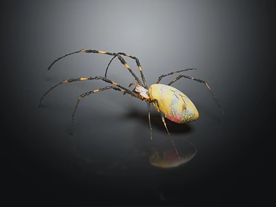 Vibrant Yellow And Pink Spider With Long Thin Legs On Dark Reflective Background 3d model