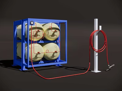 Industrial Equipment with Blue Frame Four Yellow Cylindrical Tanks White Column and Red Hose 3d model
