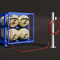 Industrial Equipment with Blue Frame Four Yellow Cylindrical Tanks White Column and Red Hose