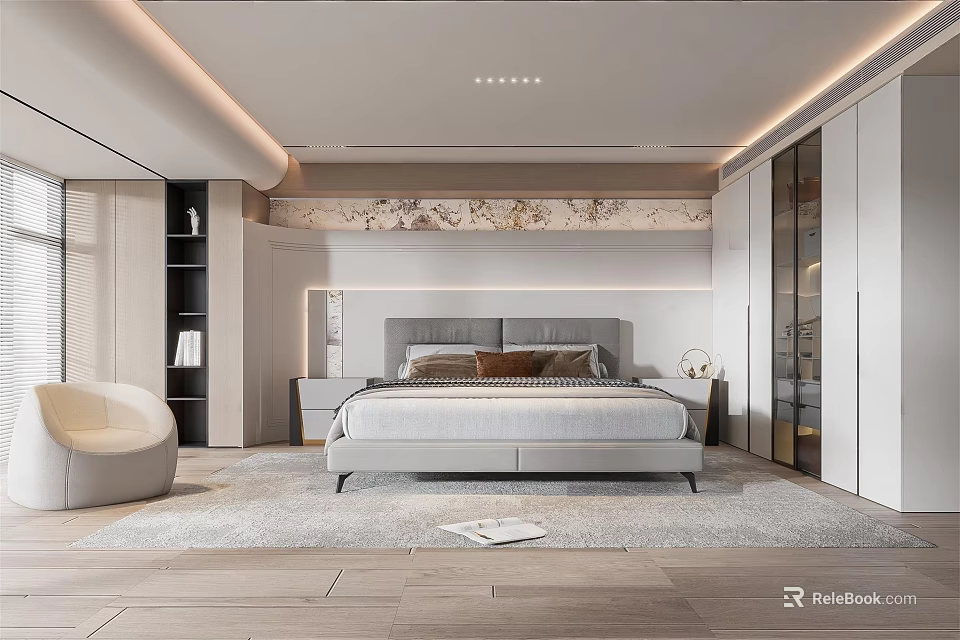 Modern Bedroom Interior Design With Gray Bed White Glass Wardrobes Accent Chair And Decorative Wall 3d model 