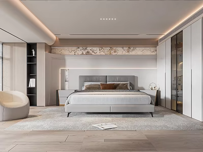 Modern Bedroom Interior Design With Gray Bed White Glass Wardrobes Accent Chair And Decorative Wall 3d model