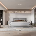 Modern Bedroom Interior Design With Gray Bed White Glass Wardrobes Accent Chair And Decorative Wall