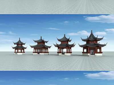 Traditional Chinese Pavilions Against Blue Sky With Gray Stone Pavement 3d model