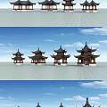 Traditional Chinese Pavilions Against Blue Sky With Gray Stone Pavement