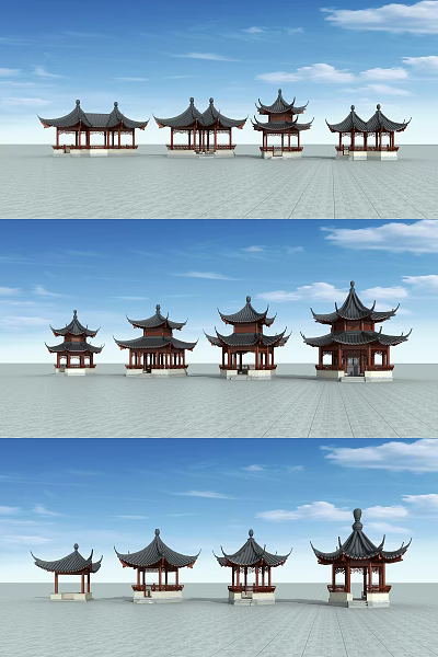 Traditional Chinese Pavilions Against Blue Sky With Gray Stone Pavement 3d model