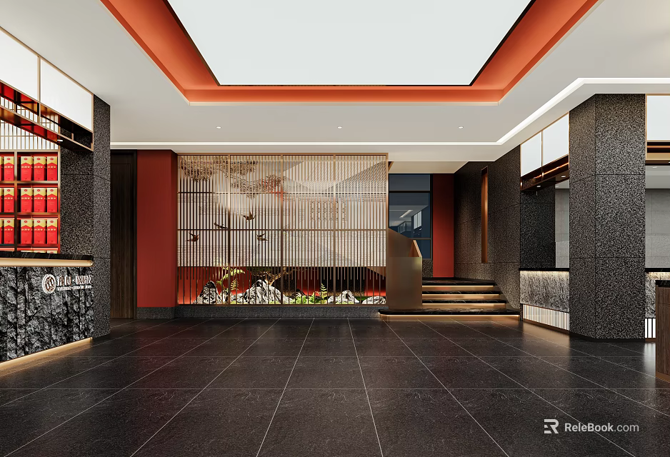 Modern Hotel Lobby Interior With Decorative Screen Staircase Orange Lighting And Dark Flooring 3d model 