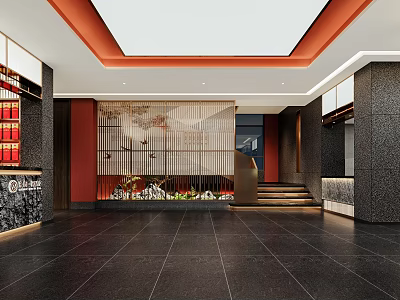 Modern Hotel Lobby Interior With Decorative Screen Staircase Orange Lighting And Dark Flooring 3d model