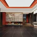 Modern Hotel Lobby Interior With Decorative Screen Staircase Orange Lighting And Dark Flooring