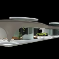 Modern Car Showroom Interior With Green Sports Car Display Platform And Lounge Area