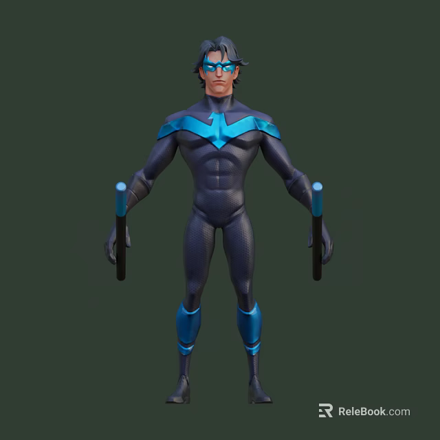 Game Movie Character in Dark Tight Costume with Blue Chest V Emblem holding Dual Sticks 3d model 