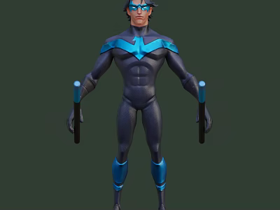 Game Movie Character in Dark Tight Costume with Blue Chest V Emblem holding Dual Sticks 3d model