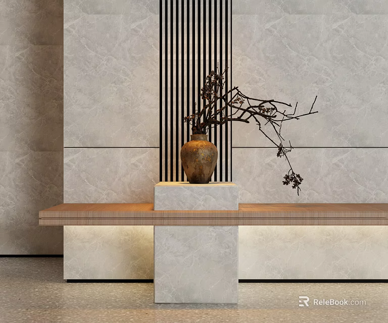 Ceramic Vase With Twig Branches On Marble Pedestal Against Vertical Striped Wall 3d model 