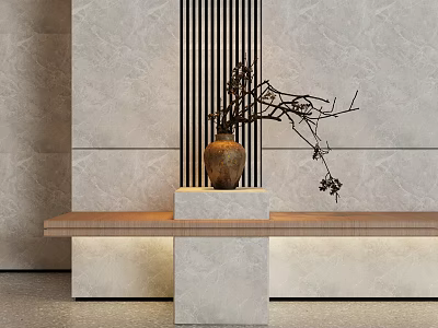 Ceramic Vase With Twig Branches On Marble Pedestal Against Vertical Striped Wall 3d model