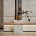 Ceramic Vase With Twig Branches On Marble Pedestal Against Vertical Striped Wall