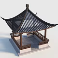 Traditional Chinese Pavilion Featuring Black Tiled Roof Curved Eaves And Carved Wooden Railings