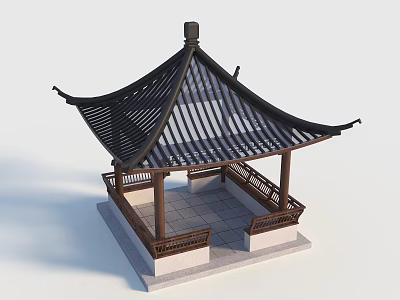Traditional Chinese Pavilion Featuring Black Tiled Roof Curved Eaves And Carved Wooden Railings 3d model