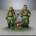 Two Characters In Green Uniforms Standing With Colorful Mushrooms And Plants