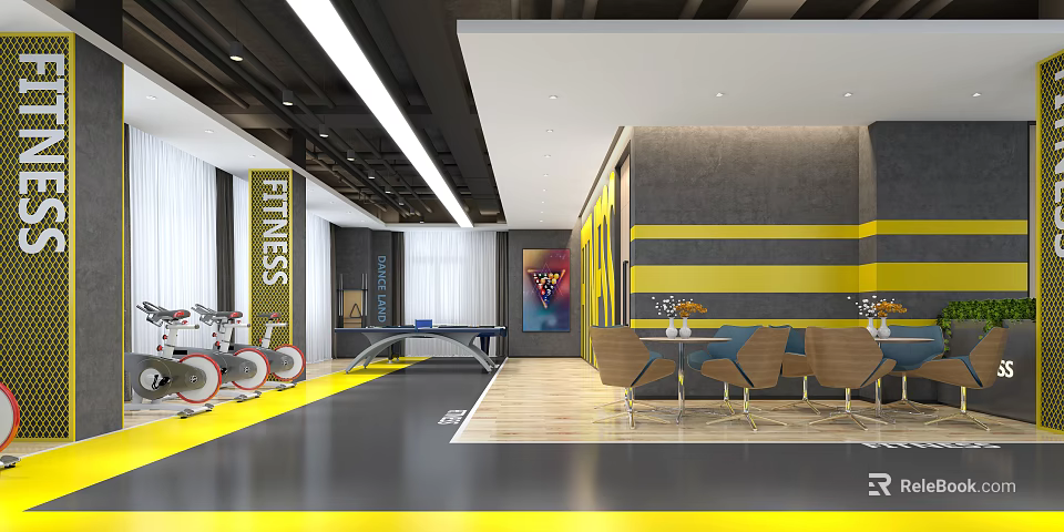 Modern Fitness Gym Interior With Spin Bikes Yellow Gray Striped Walls And Seating Area 3d model 