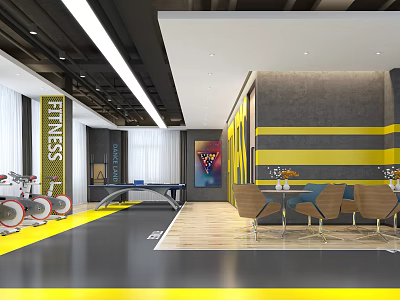 Modern Fitness Gym Interior With Spin Bikes Yellow Gray Striped Walls And Seating Area 3d model