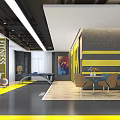Modern Fitness Gym Interior With Spin Bikes Yellow Gray Striped Walls And Seating Area