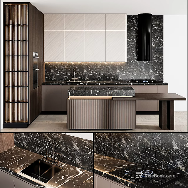 Elegant Modern Kitchen Interior Featuring Stylish Cabinets And Marble Island Design Elements 3d model