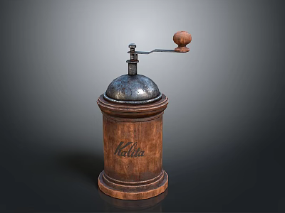 Wooden Coffee Grinder With Metal Top And Wooden Handle Café Label Kitchen Appliance 3d model