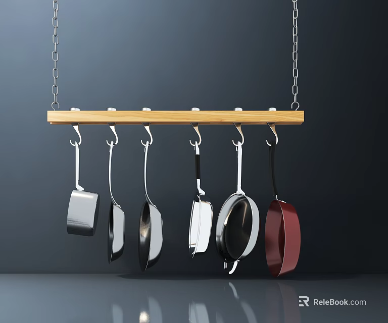 Hanging Various Color Pans On Wooden Kitchen Rack For Cooking Tools 3d model 