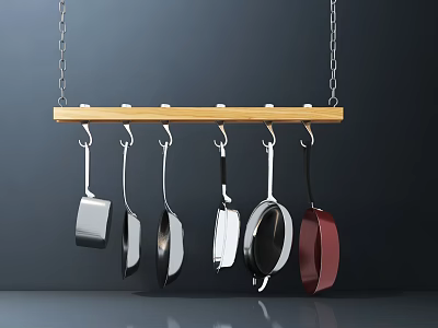 Hanging Various Color Pans On Wooden Kitchen Rack For Cooking Tools 3d model