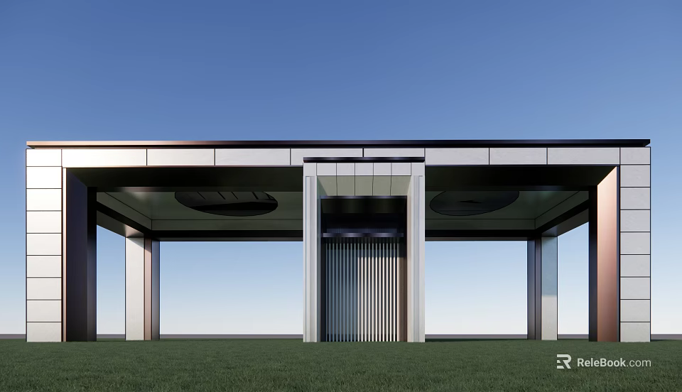 Modern Main Entrance Gate With Metallic Frame Glass Panels And Green Lawn Design 3d model 