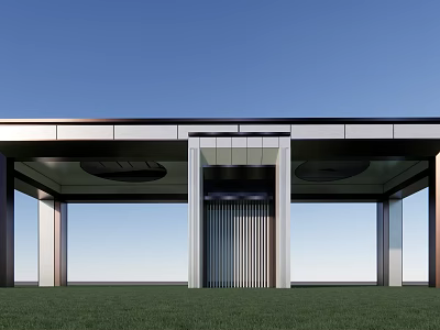 Modern Main Entrance Gate With Metallic Frame Glass Panels And Green Lawn Design 3d model
