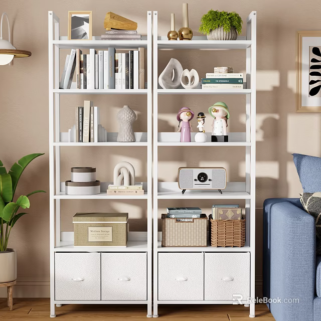 White Modern Bookshelf with Books Decorative Items Storage Boxes and Drawers in Living Room 3d model 