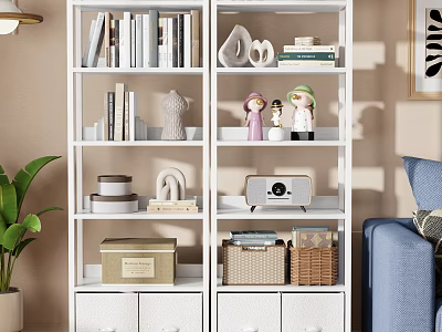 White Modern Bookshelf with Books Decorative Items Storage Boxes and Drawers in Living Room 3d model