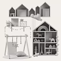 Colorful Stuffed Dolls in Baby Nursery with Wooden House Swing and Rainbow Decor